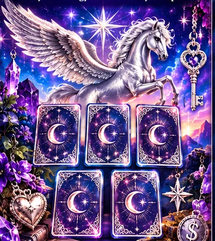 Ornate silver celestial charms and purple tarot cards for this spread