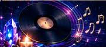 Glossy black vinyl record surrounded by celestial music notes and amethyst crystals