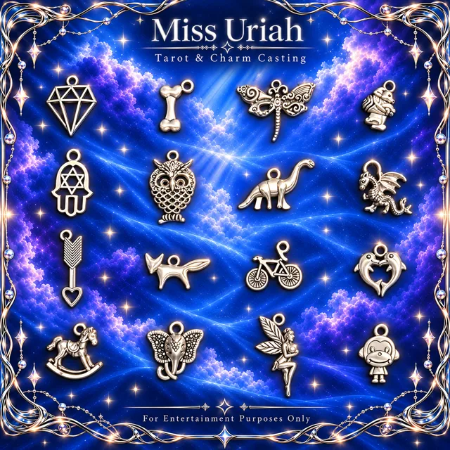 Miss Uriah silver charm reference sheet: Diamond Bone Squirrel Hamsa Dragon Bike