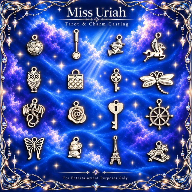 Miss Uriah silver charm reference sheet: Soccer Ball Witch Flower Key Mouse Rocking Horse