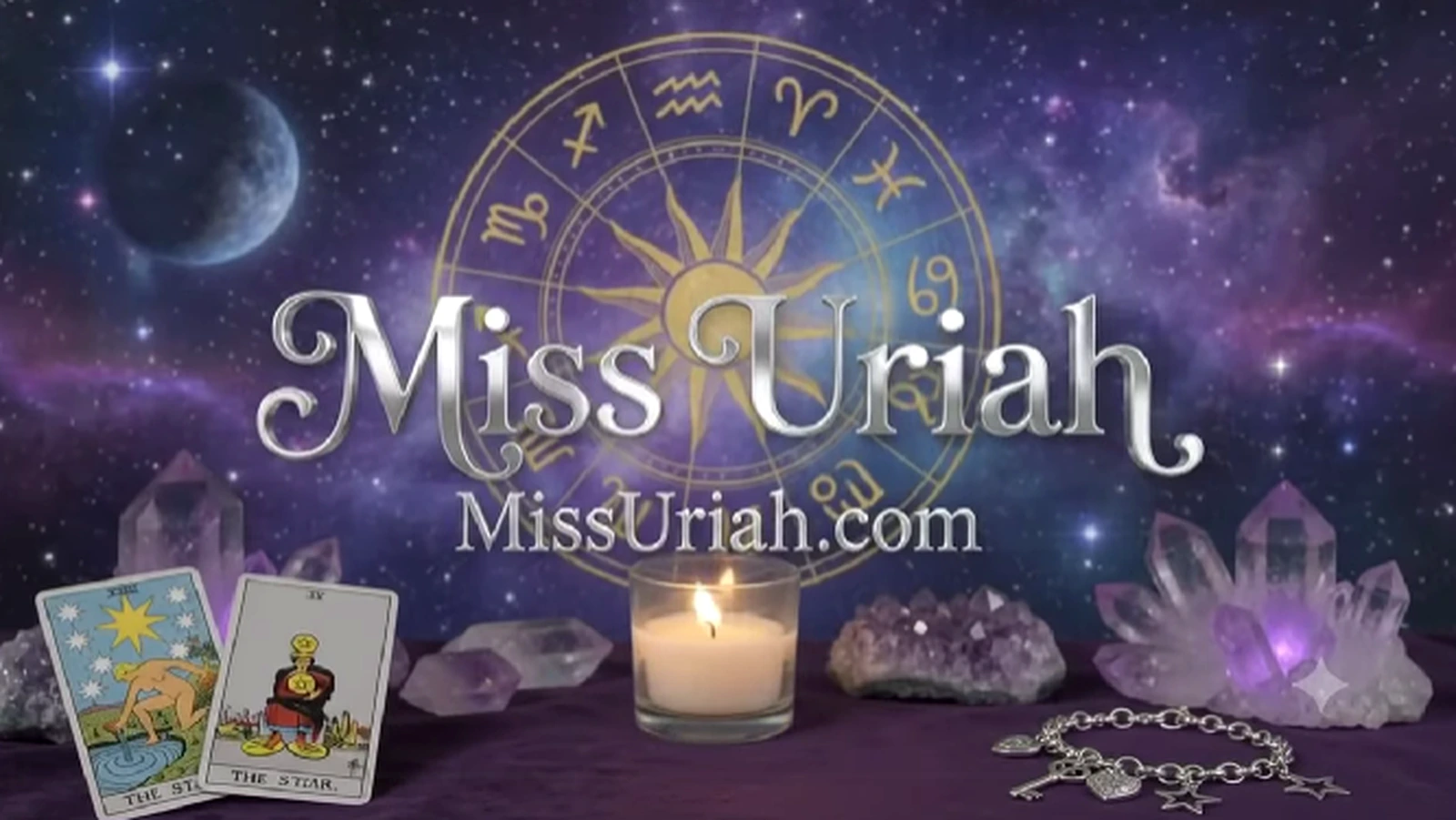 Miss Uriah brand scene with tarot cards, zodiac wheel, candle, crystals and silver charms